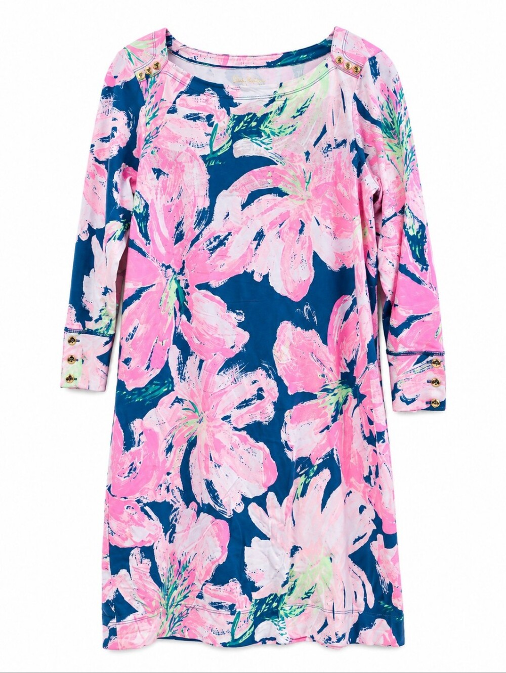 Lilly Pulitzer Pink Teal Floral Dress Sz Med. Vacation Beach Tropical Summer Fun